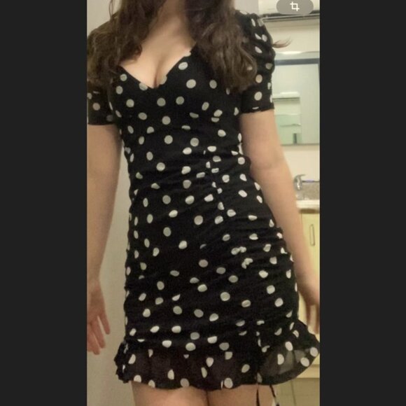 Dresses & Skirts - Black Polka Dot Ruched Mini Dress with Ruffle Hem